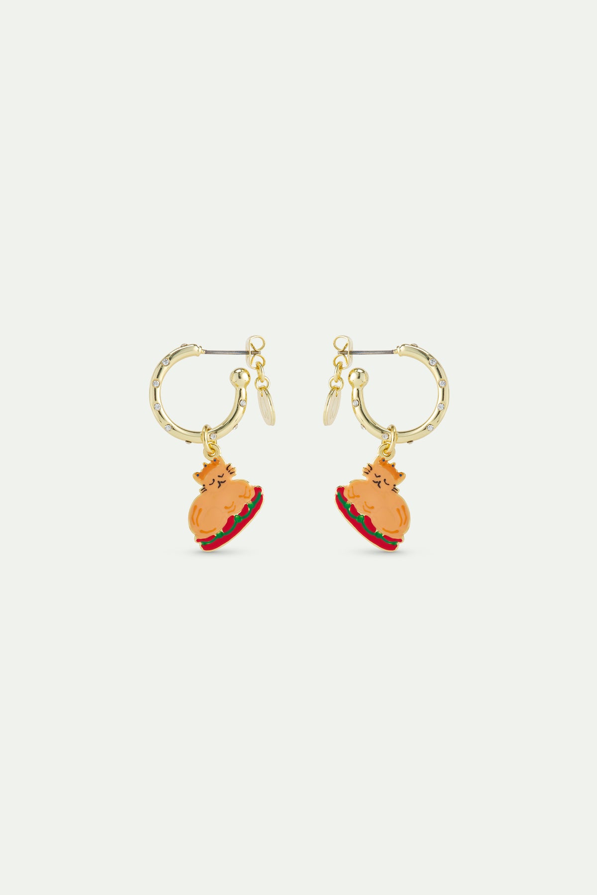 Christmas dinner and gold crown hoop earrings studded with white rhinestones