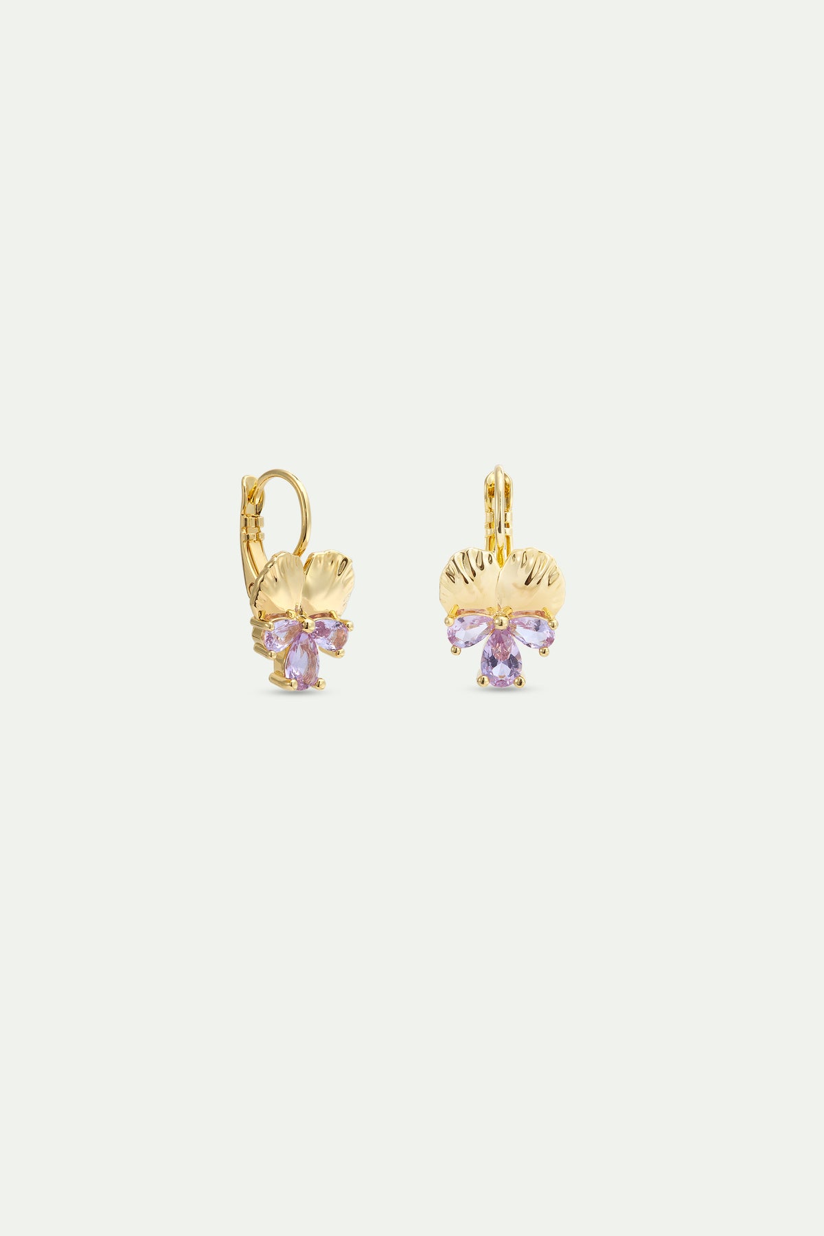 Boucles d'oreilles dormeuses dorées pensée et pierres roses