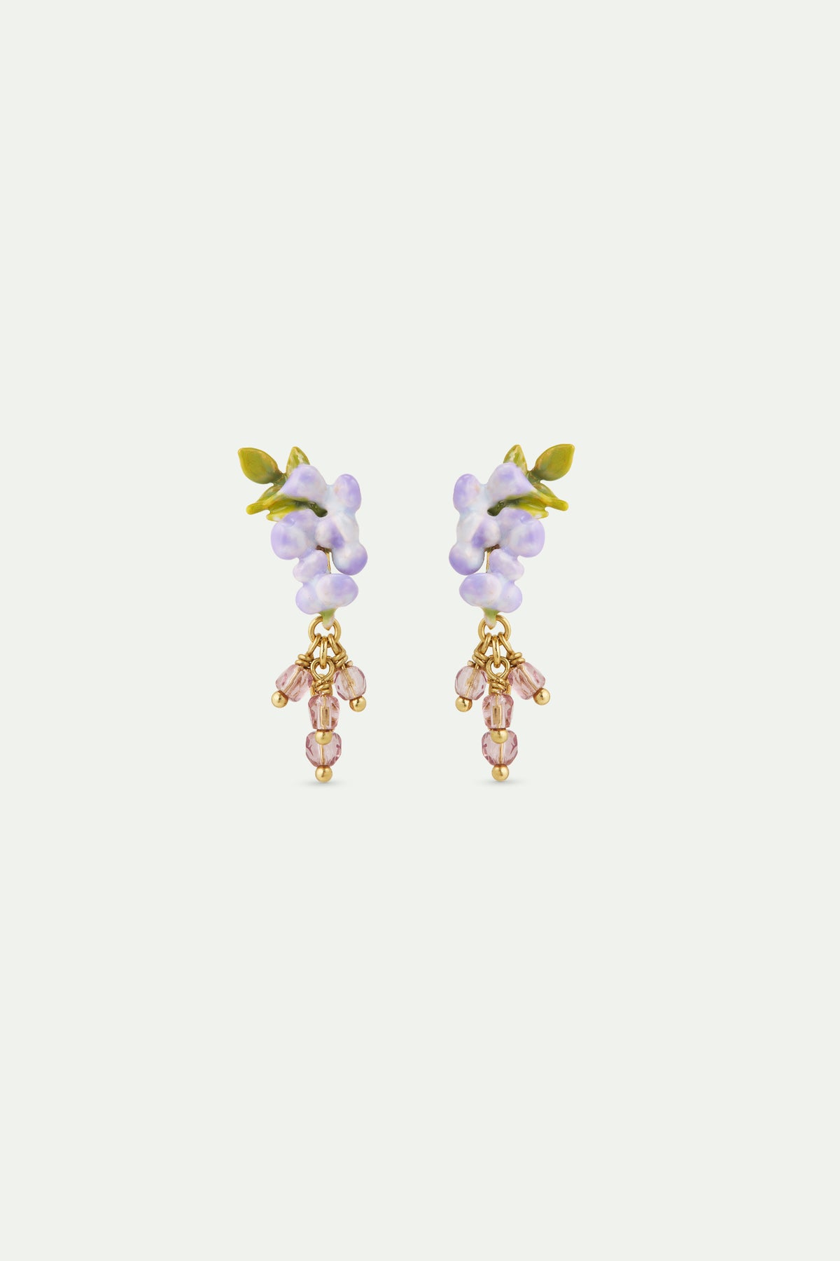 Boucles d'oreilles glycine violette, lierre et perles de cristal facettées pendantes