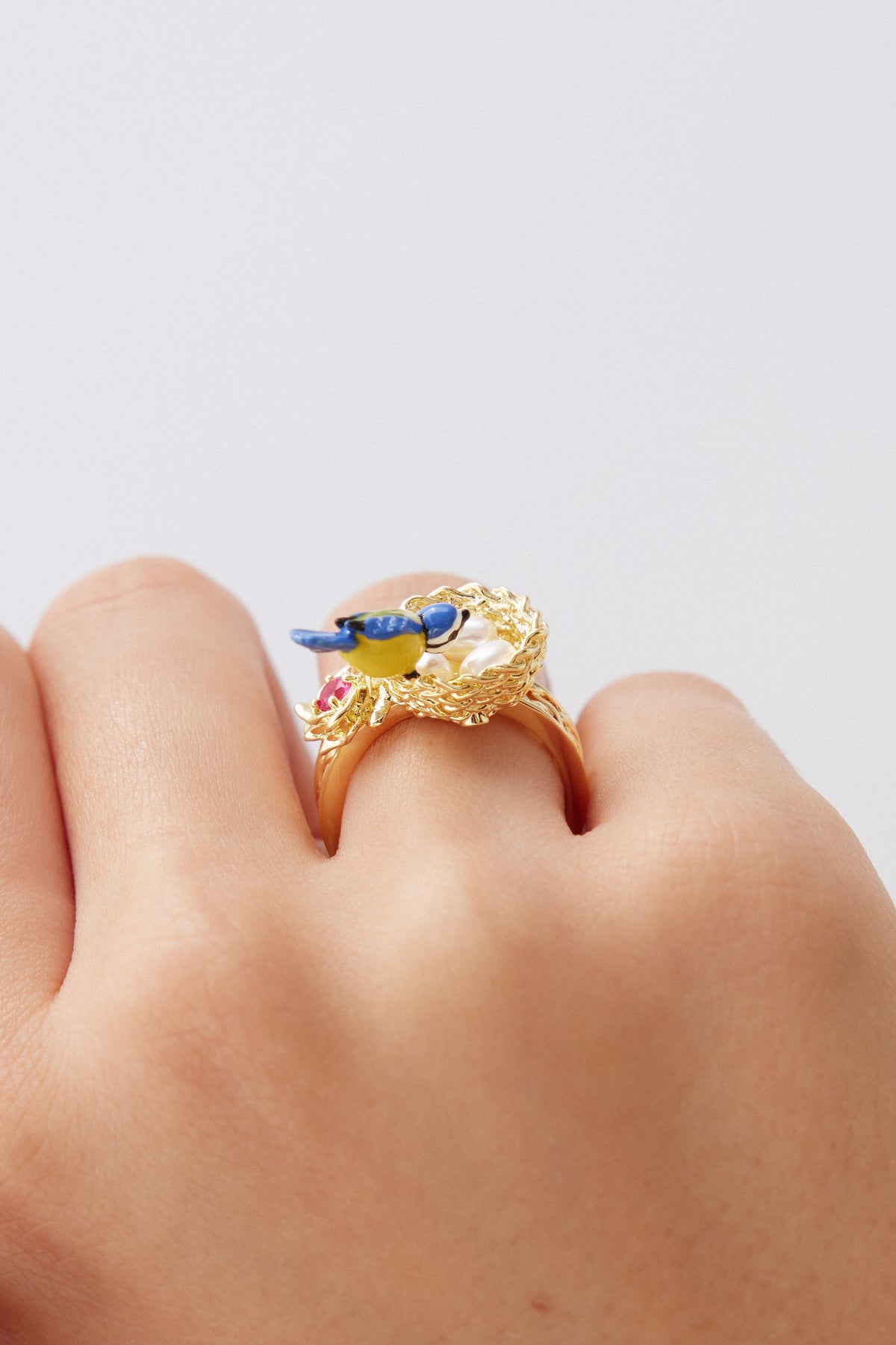 Bague nid doré, mésange et rose