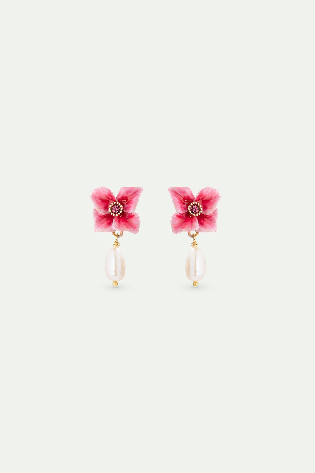 Boucles d'oreilles fleur d'hortensia rose et perle de culture