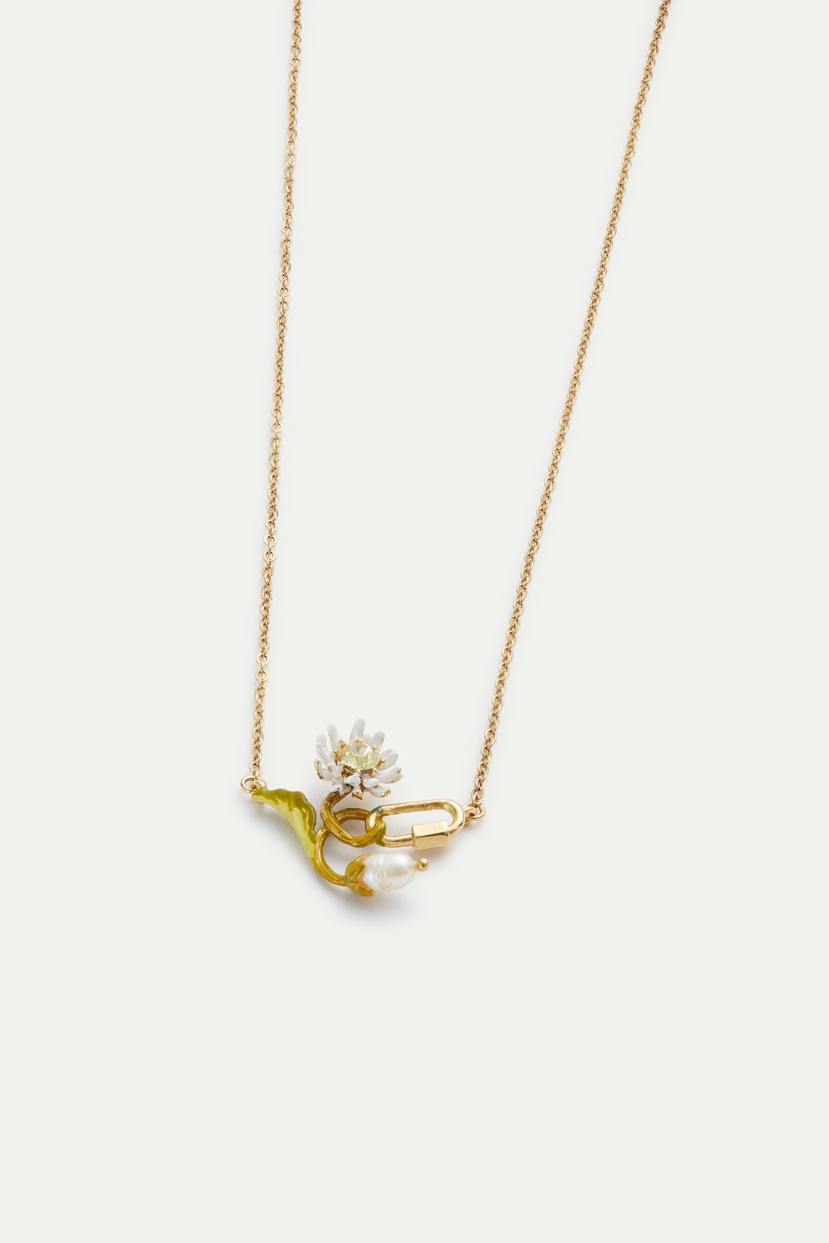Collier fin pâquerette blanche et verte, perle de culture, mousqueton