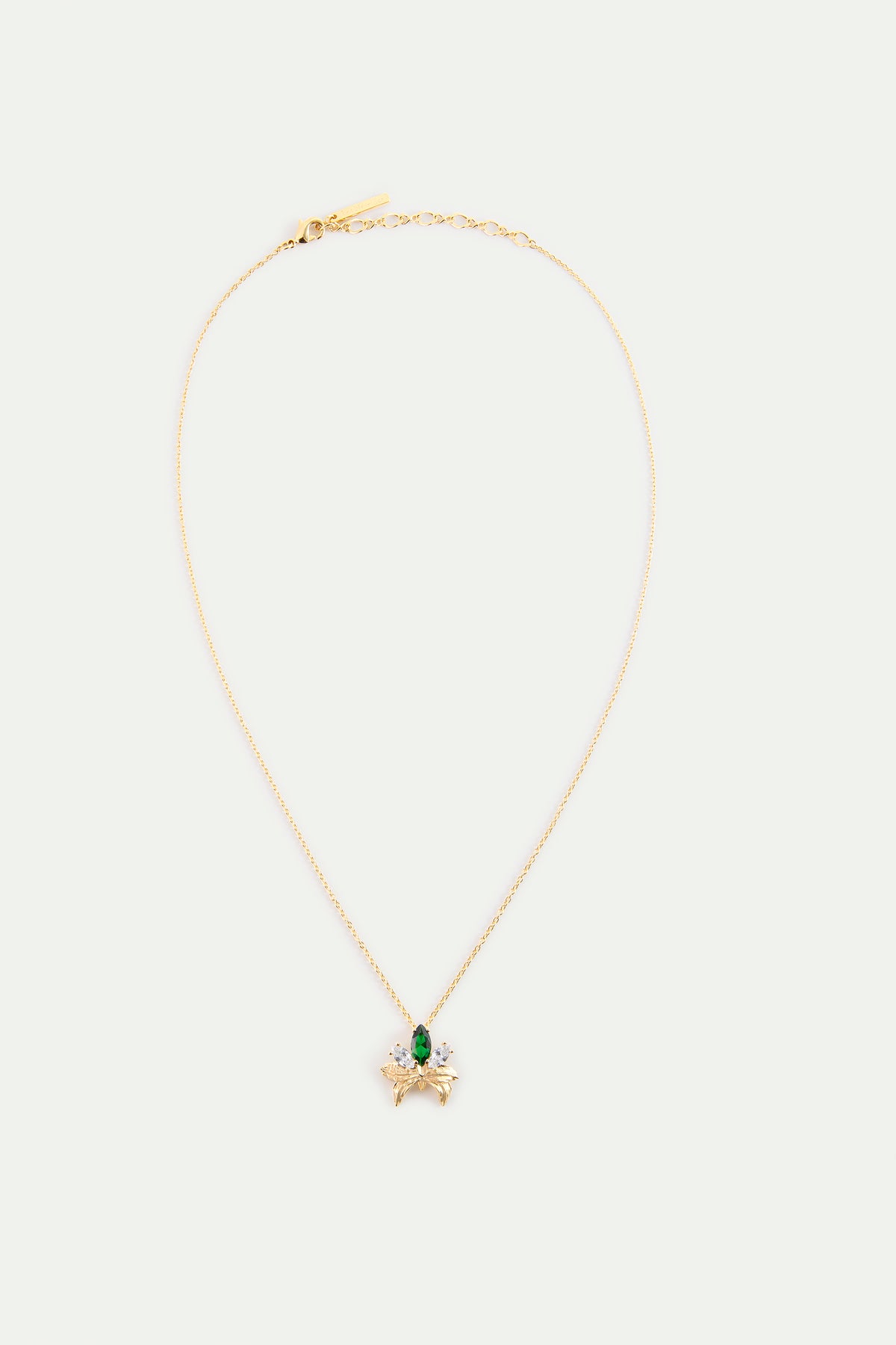 Gold pendant necklace with orchid, green and white stones 