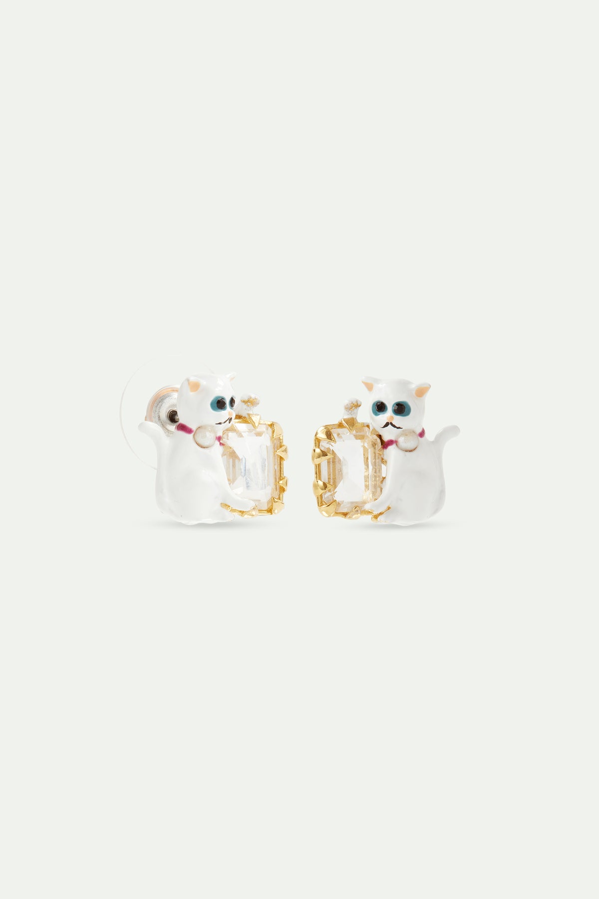 Boucles d'oreilles chat blanc et pierre facettée blanche