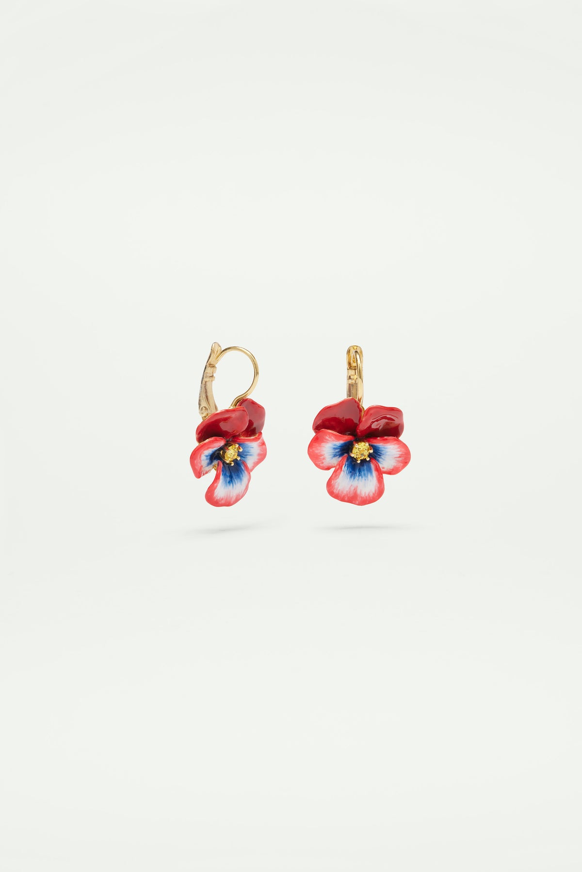 Boucles d'oreilles dormeuses pensée rouge et cristal taillé