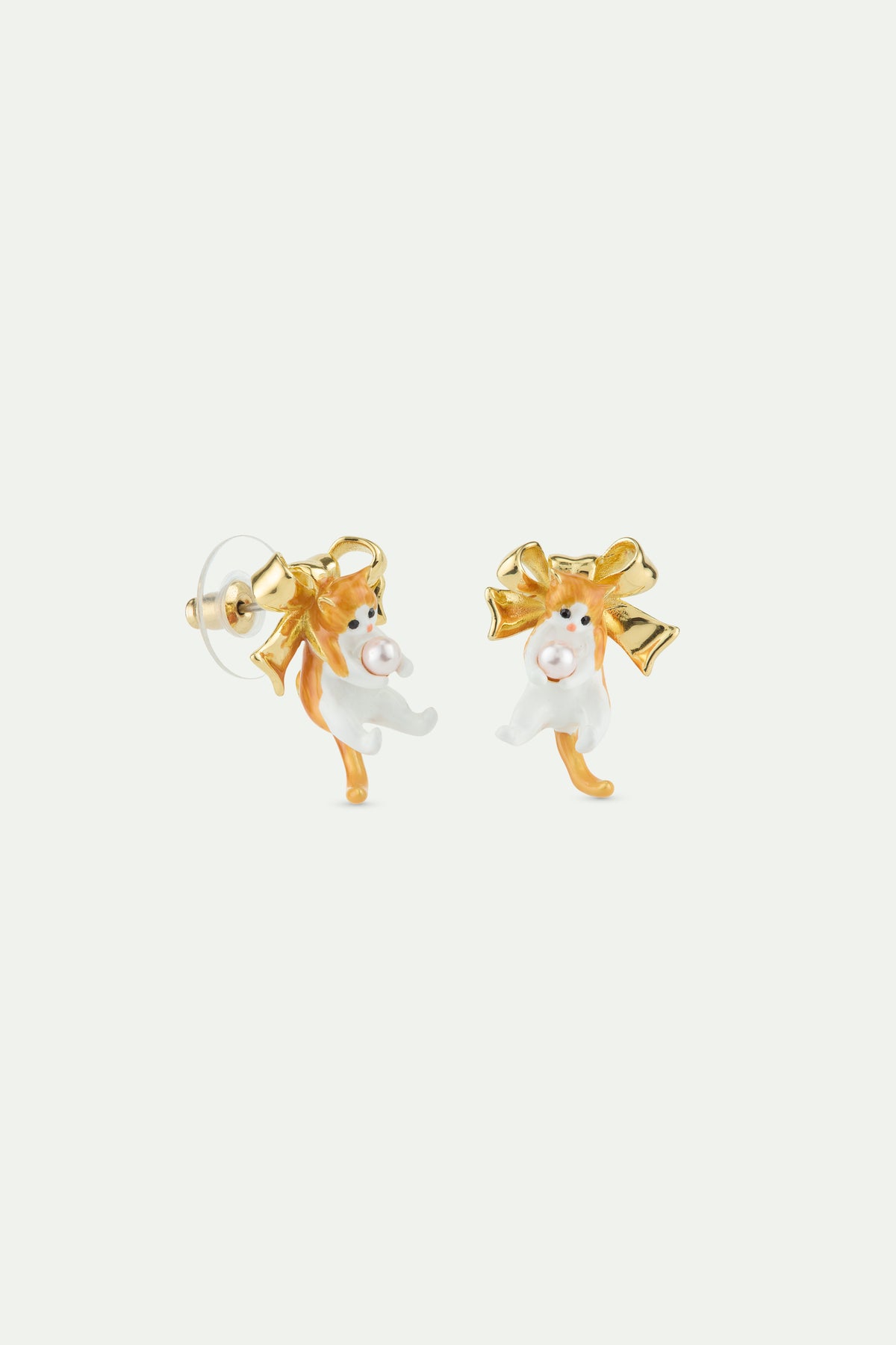 Boucles d'oreilles chaton roux et noeud doré