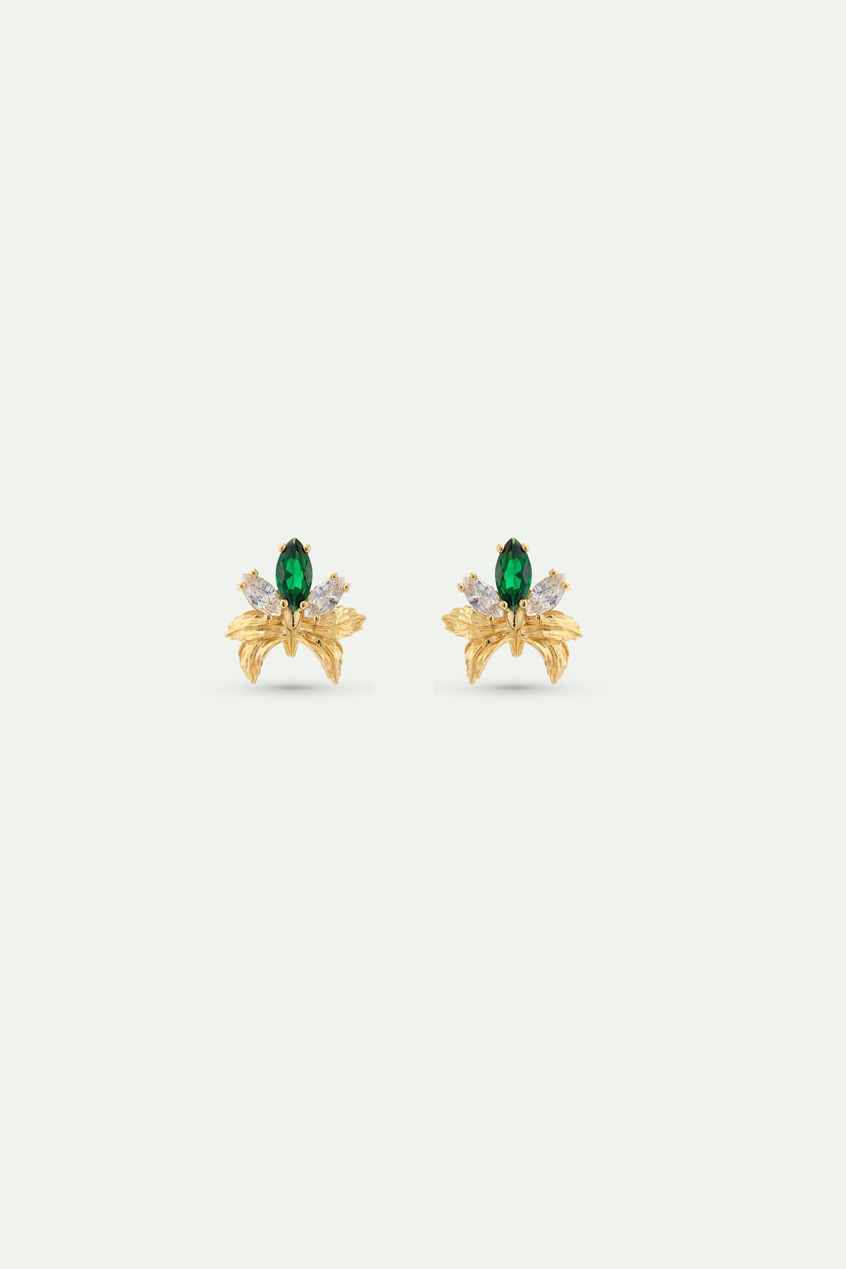 Boucles d'oreilles dorées orchidée et pierres blanches et verte