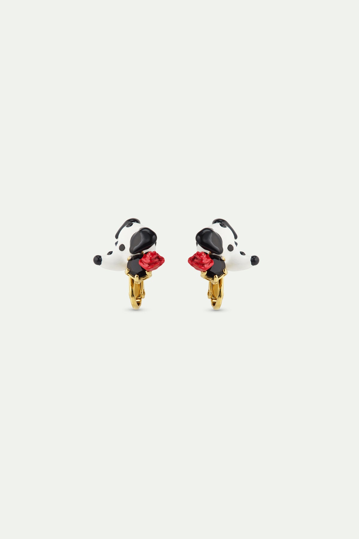 Boucles d'oreilles dalmatien, pierre ronde facettée noire et rose rouge