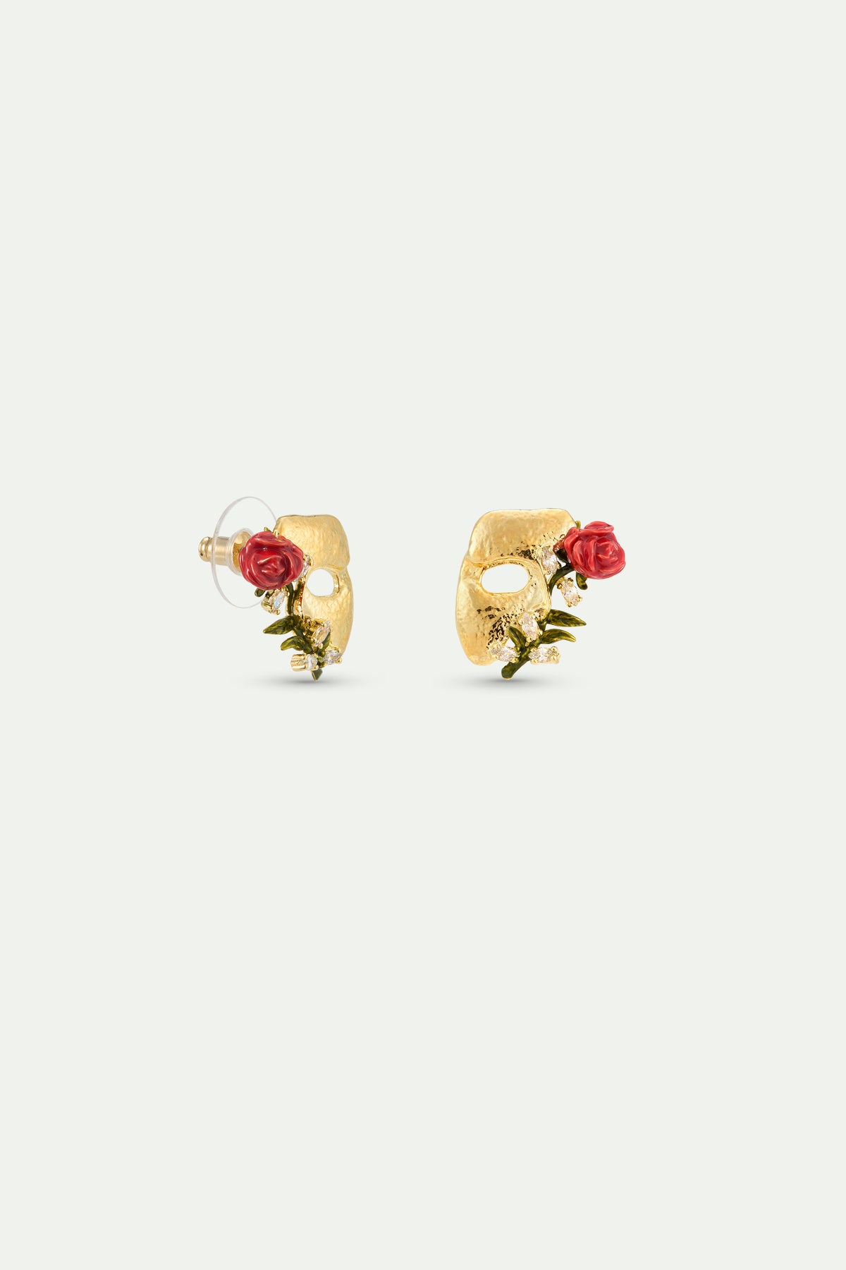 Boucles d'oreilles tiges masque doré, rose et cristaux