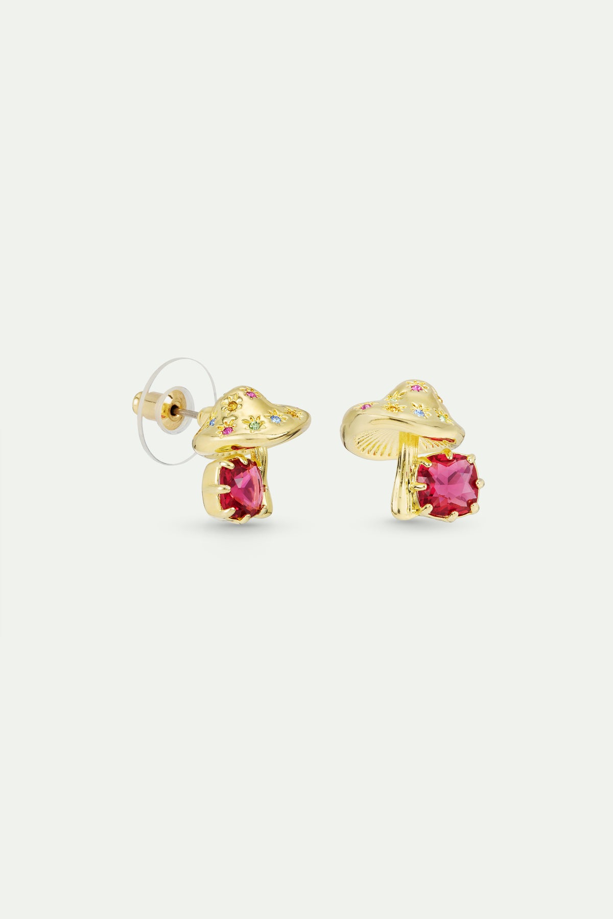 Boucles d'oreilles champignon doré et pierre facettée rose
