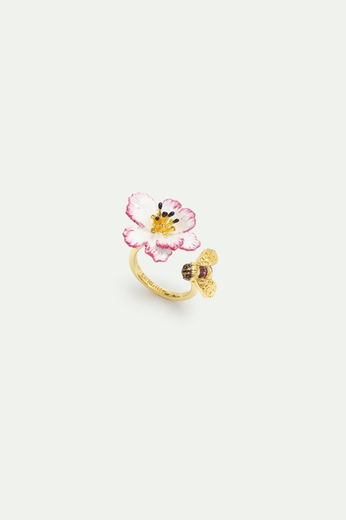 Bague ajustable cosmos blanche et rose et abeille dorée