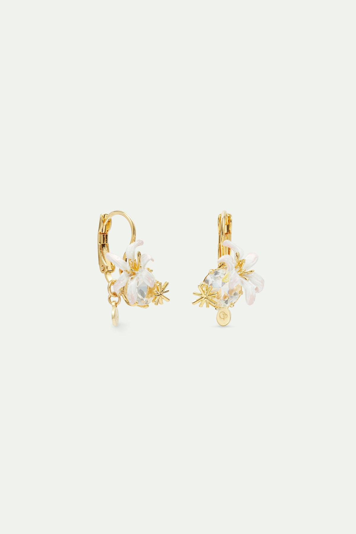 Boucles d'oreilles dormeuses pierre ronde facettée et Fleur de Lys blanche