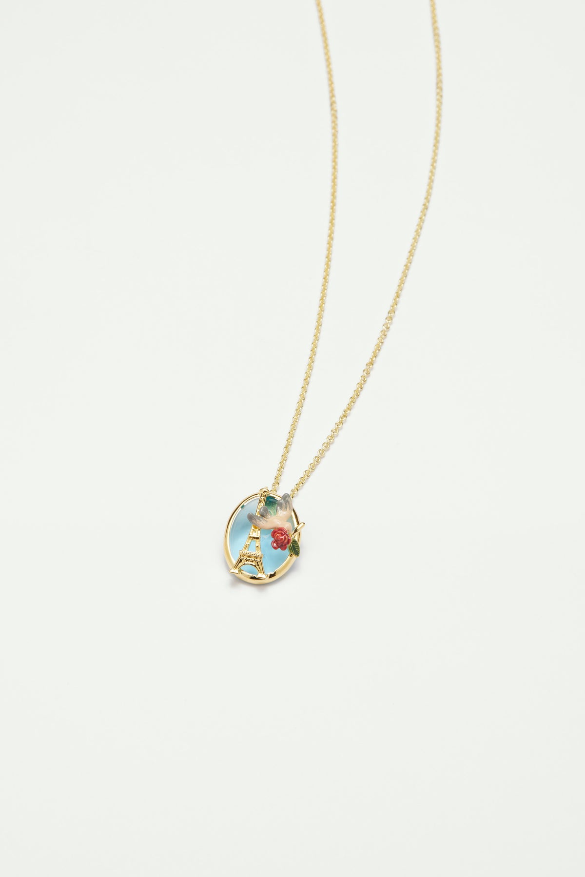 Collier pendentif Tour Eiffel, moineau et rose